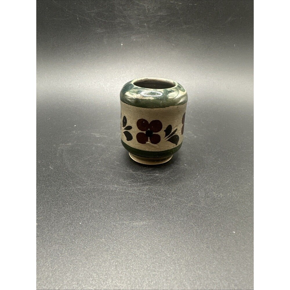Vintage Mexican Folk Art Sand Pottery Hand Painted Green Floral Vase 2β Tall